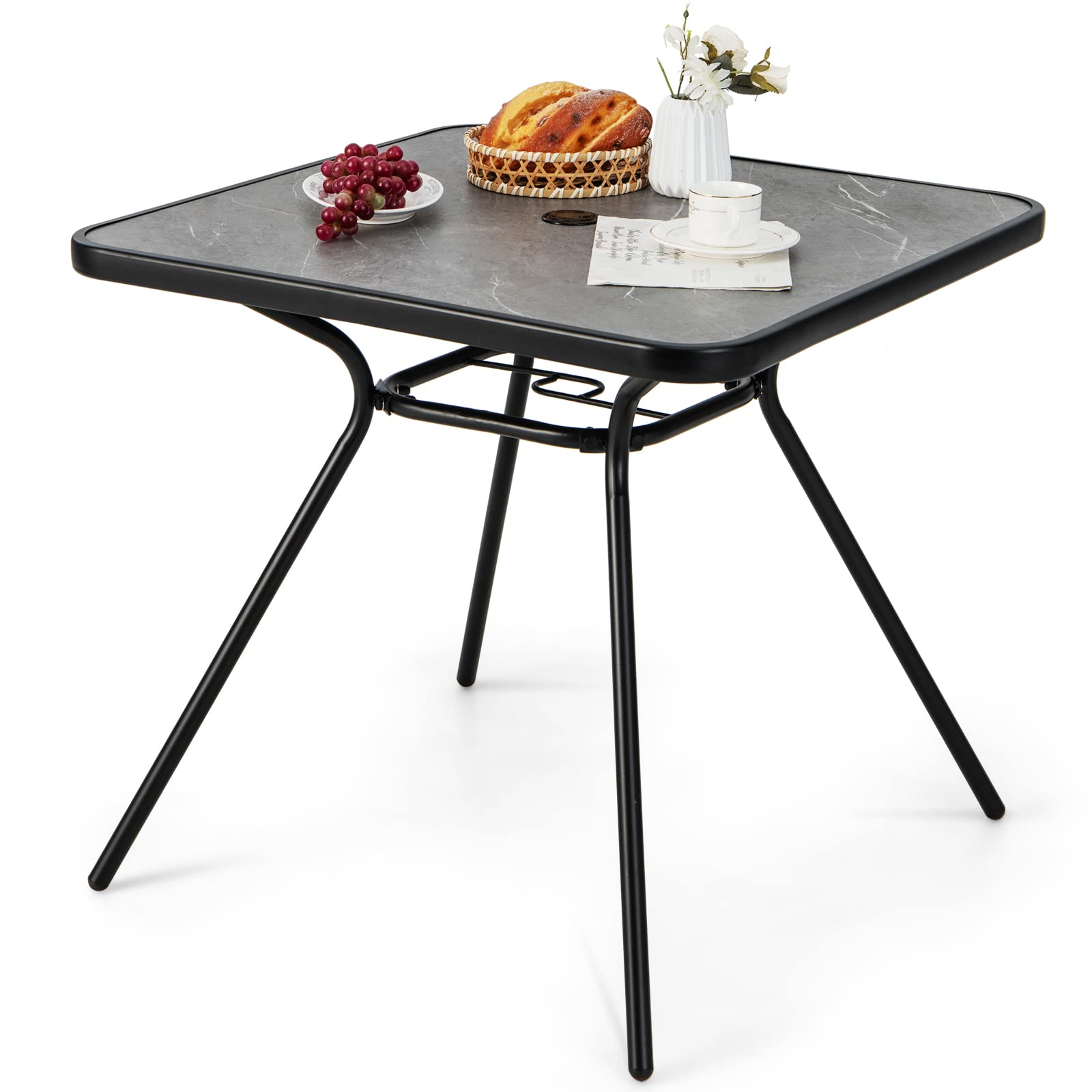 Table de salle à manger d'extérieur Tangkula pour 4 personnes, table de bistrot de terrasse de 81,3 x 81,3 cm avec trou pour parasol de 4,6 cm